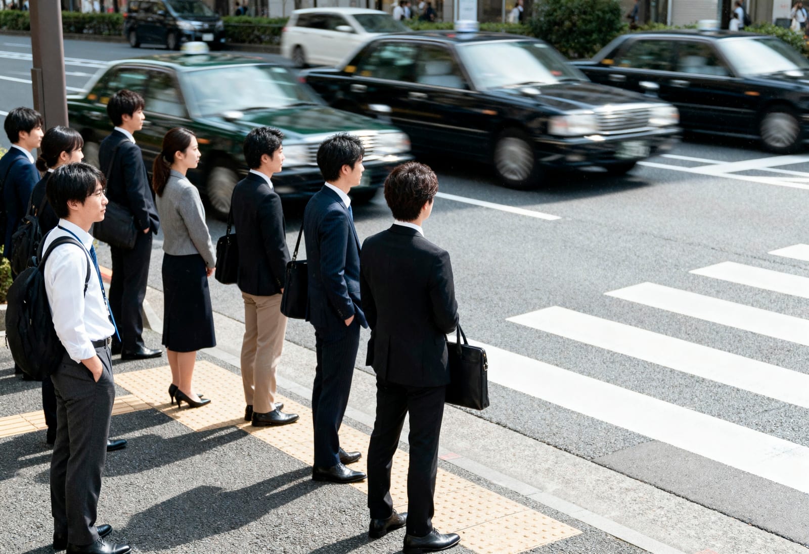 駐車場脇を歩くビジネスバッグを持った男性